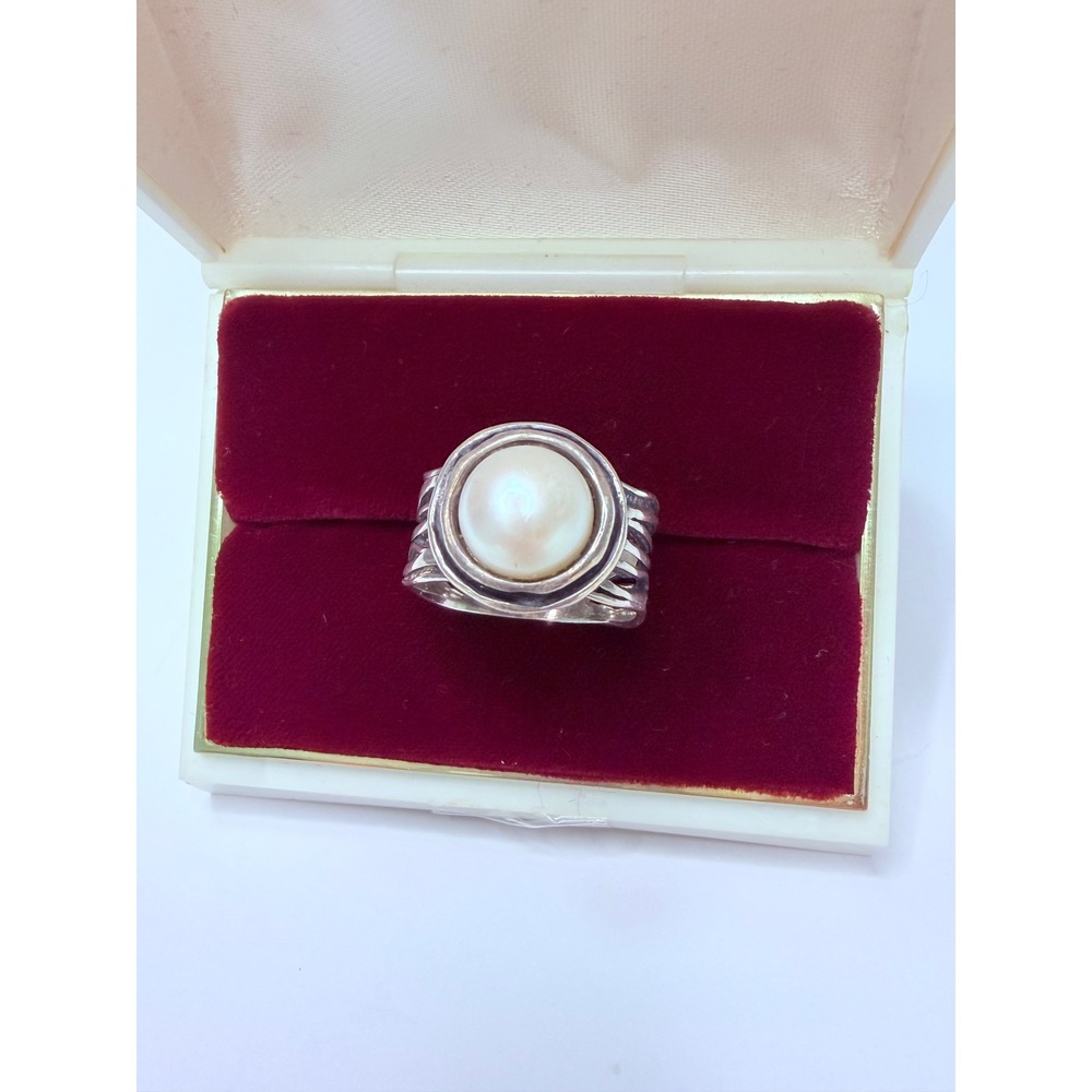 Designer B ISRAEL 925 Sterling Silver Pearl Modernist Statement Ring